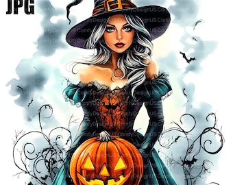 18 Halloween Witch Clipart, Halloween Clipart, High Quality JPGs, Watercolor Clipart, Junk Journal, Digital Download, Paper Craft, Printable