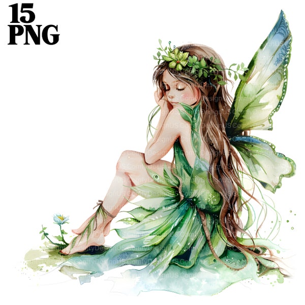 15 Forest Fairy Clipart, Green Fairies Clipart, Clipart Fairy, Printable Watercolor Clipart, High Quality PNGs, Digital Download Paper Craft