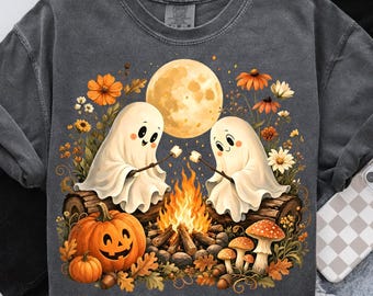 Botanical Ghost PNG, Camping Spooky Season Design, Wildflowers Ghost Lover Png, Preppy Halloween Floral Shirt Cozy Halloween Png Sublimation