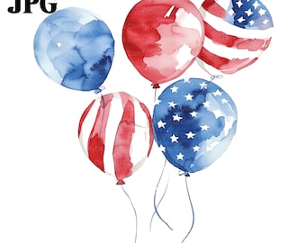 15 clipart di palloncini con bandiera americana ad acquerello, 4 luglio, Indipendenza, USA America Day, patriottiche, clipart stampabili, JPG di alta qualità