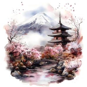 May include: A watercolor painting of a Japanese pagoda with a mountain in the background. The pagoda is surrounded by cherry blossom trees and a river. The painting is done in shades of pink, blue, and green.