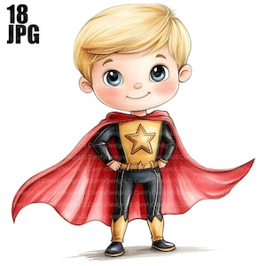 18 Cute Superhero Boy Clipart, Cartoon Superhero, Superhero Child, Watercolor Clipart, Junk Journal, Digital Download, Paper Craft, JPG