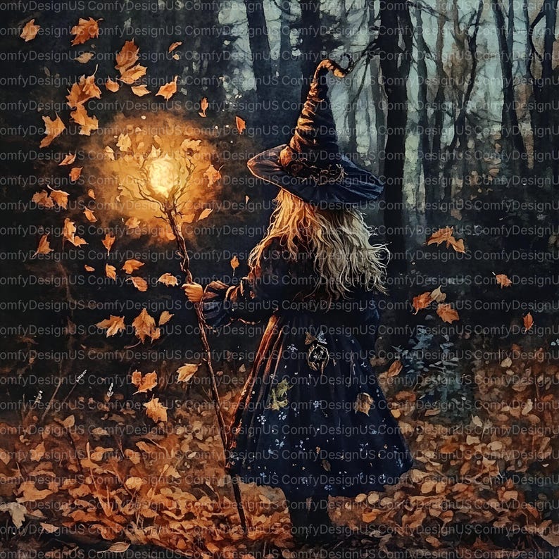 May include: A digital art print depicts a witch in a dark forest, viewed from the back. She wears a dark blue dress and hat, holding a glowing staff. Autumn leaves swirl around her, creating a mystical, fantasy scene.
