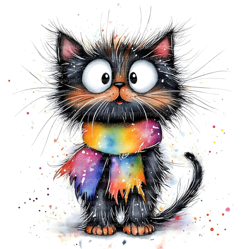 Op de afbeelding: Een grillige aquarel illustratie van een zwart-bruine kat met grote, expressieve ogen. De kat draagt een kleurrijke regenboog sjaal. Het kunstwerk heeft een speelse, cartoonachtige stijl met verfspetters.