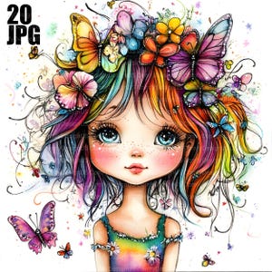 Eigenzinnig vlindermeisje, 20 high-res aquarel JPG, ongewenste journaling, scrapbooking, kaarten maken, digitale download, eigenzinnig meisje, grillig meisje