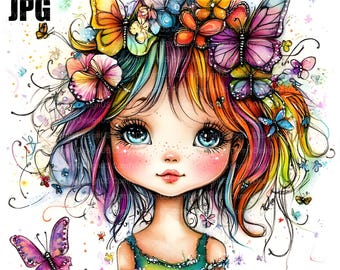 Quirky Butterfly Girl, 20 High Res Watercolor JPG, Junk Journaling, Scrapbooking, Card Making, Digital Download, Quirky Girl, Whimsical Girl