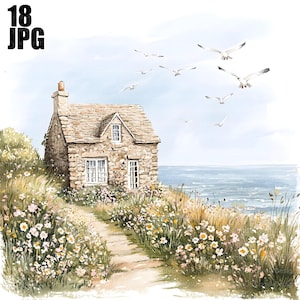 Op de afbeelding: Waterverfschilderij van een stenen huisje aan zee. Het huisje heeft een stenen dak en schoorsteen, met wit omlijste ramen en een deur. Een pad leidt naar het huisje, omgeven door wilde bloemen en hoog gras. Zeemeeuwen vliegen in de lucht.