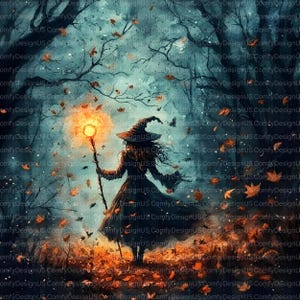 May include: A digital illustration of a witch in a black dress and hat, holding a glowing staff, walking through a forest. Autumn leaves and bats are scattered around, with a soft, glowing light in the background. The overall theme is Halloween.