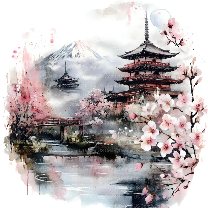May include: A watercolor painting of a Japanese pagoda with a red roof and white walls, surrounded by cherry blossom trees. The pagoda is set against a backdrop of a mountain range, with a river flowing in the foreground. The painting is done in a soft, romantic style, with delicate brushstrokes and muted colors.