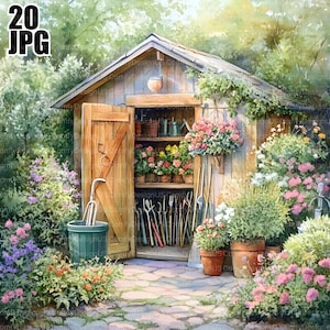 May include: A watercolor painting of a wooden shed with an open door. The shed is surrounded by a lush garden with colorful flowers and plants. The shed is filled with gardening tools and supplies.