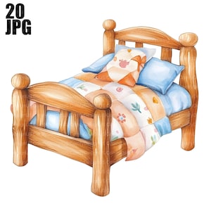 20 imágenes prediseñadas de cama de dibujos animados, imágenes prediseñadas de cama de juguete, imágenes de cama, cama de acuarela, imágenes prediseñadas de sueño, imágenes prediseñadas de acuarela, diario basura, descarga digital, JPG