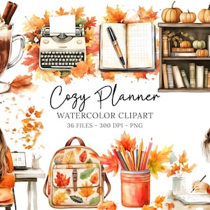 Cozy Planner Clipart, Watercolor Cozy Fall Clipart Bundle, Bookworm Autumn Clipart, Journalling PNG, Book Lover, Autumn Home Clipart