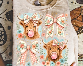Striped Coquette Highland Cow PNG, Highland Cow Png, Watercolor Halloween Png, Floral Fall Bow Png Boho Pumpkin Coquette Png Cowboy Fall Png