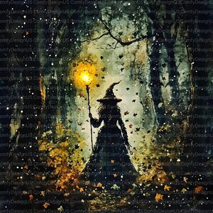 May include: An artistic illustration of a witch in a black dress and hat, holding a glowing staff, amidst a forest with falling leaves. The artwork has a mystical, autumnal theme, with a dark, atmospheric color palette.