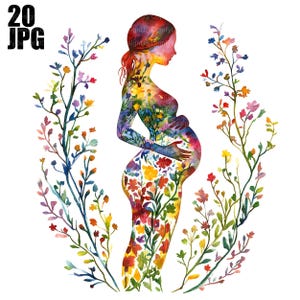 Lot de 20 cliparts femme enceinte, clipart grossesse, JPG de haute qualité, clipart aquarelle, Junk Journal, téléchargement numérique, créations en papier