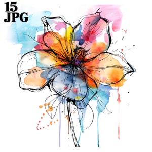 15 imágenes prediseñadas de flores abstractas, impresión de flores, flor multicolor, imágenes prediseñadas de acuarela imprimibles, JPG de alta calidad, descarga digital de artesanía de papel