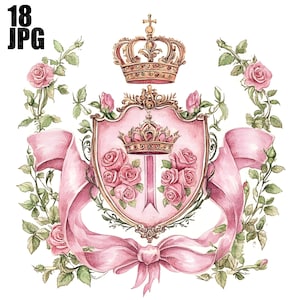 18 Preppy Rose Pink Crest Clipart, Floral Crest, High Quality JPG, Watercolor Clipart, Junk Journal, Digital Download, Paper Craft, Clip Art
