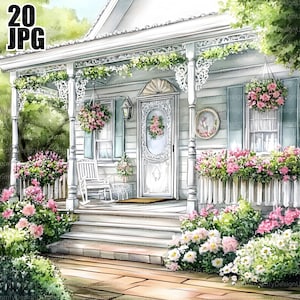 Paquete de 20 imágenes prediseñadas de porche de verano, imágenes prediseñadas de porche delantero, imágenes prediseñadas de casa vintage, imágenes digitales Shabby Chic, imágenes prediseñadas de acuarela, descarga digital, JPG