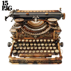 Könnte beinhalten: Eine antike goldfarbene Schreibmaschine mit schwarzem Wagen und einer messingfarbenen Tastatur. Die Tasten sind mit den Buchstaben des Alphabets, Zahlen und Satzzeichen beschriftet. Die Schreibmaschine hat ein dekoratives Design mit filigranen Details.