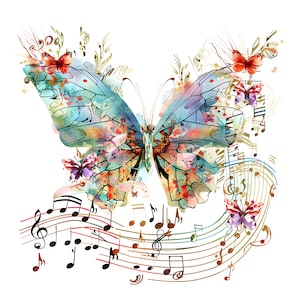 May include: A colorful butterfly with musical notes and a watercolor effect. The butterfly is made up of musical notes and has a blue, green, and orange color scheme.