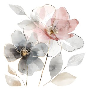 Pu&ograve; includere: Un dipinto ad acquerello di un mazzo di fiori con petali rosa e grigi. I fiori sono contornati d'oro e hanno un aspetto delicato ed etereo.