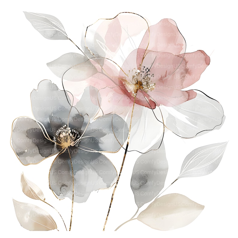 Pu&ograve; includere: Un dipinto ad acquerello di un mazzo di fiori con petali rosa e grigi. I fiori sono contornati d'oro e hanno un aspetto delicato ed etereo.