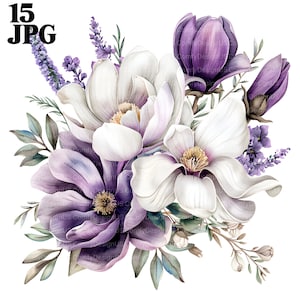 15 lila Blumenstrauß Clipart, violette Blumen, lila Blumenstrauß, violette Blumen, druckbare Aquarell Clipart, hochwertige JPGs, digital