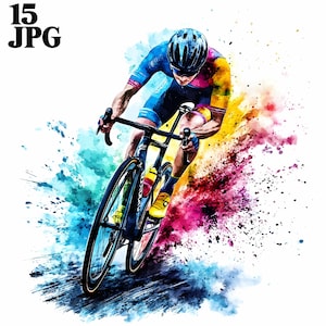 15 Clipart di ciclismo, stampa di ciclismo su strada, sport ciclistico, clipart acquerello stampabile, JPG di alta qualità, download digitale, diario spazzatura