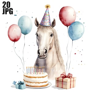 20 Cavalo Clipart de Aniversário, Pacote de Clipart de Cavalo de Aniversário, JPGs de Alta Qualidade, Clipart de Aquarela, Diário de Lixo, Download Digital, Artesanato em Papel