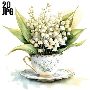 20 Clipart de muguet dans une tasse de thé, des cliparts de muguet, des cliparts de fleurs, des cliparts floraux, des cliparts de thé, en téléchargement numérique, Junk Journal, JPG