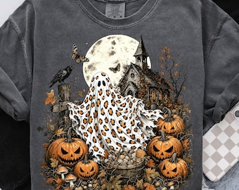 Fall Leopard Ghost PNG, Pumpkin Patch Ghosts Design, Farmhouse Halloween Png, Fall Shirt Png Retro Fall Png Spooky Season Png Pumpkin Season
