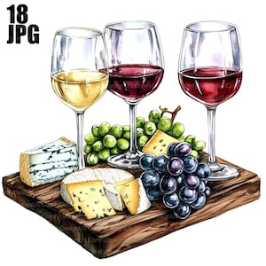 18 Wine and Cheese Board Clipart, Wine Glass Clipart, High Quality JPGs, Watercolor Clipart, Junk Journal, Digital Download, Paper Craft