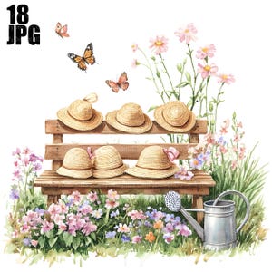 18 Garden Bench Clipart, Spring Bench Clipart, Garden Clipart, Quality JPGs, Watercolor Clipart, Junk Journal, Digital Download, Paper Craft