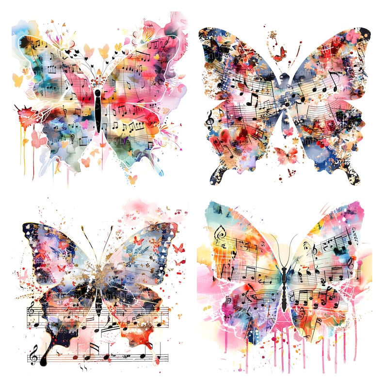 May include: Four watercolor paintings of butterflies with musical notes and splashes of color. The butterflies are in various shades of pink, blue, green, and yellow.