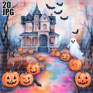 20 Halloween Haunted House Clipart, Halloween Clipart, Ghost Clipart, Watercolor Clipart, Junk Journal, Digital Download, Paper Craft, JPG
