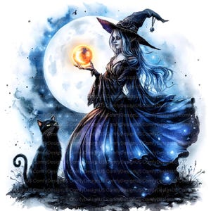 May include: Watercolor illustration of a witch in a black dress and hat holding a glowing orb, with a black cat looking up at her. A full moon and starry sky are in the background. The image has a fantasy theme.