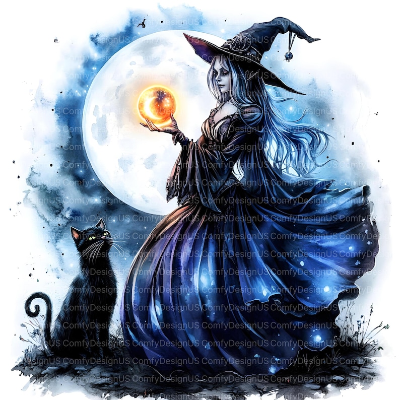 May include: Watercolor illustration of a witch in a black dress and hat holding a glowing orb, with a black cat looking up at her. A full moon and starry sky are in the background. The image has a fantasy theme.