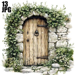 13 gammal trädörr till stenhus Clipart, trädörr Clipart, sten Clipart, stenmur Clip Art, digital nedladdning, skräpjournal, JPG