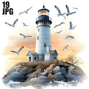 19 vuurtoren clipart, aquarel nautische collectie clipart, strand clipart, reizen clipart, oceaan clipart, nautische clipart, ongewenste dagboek