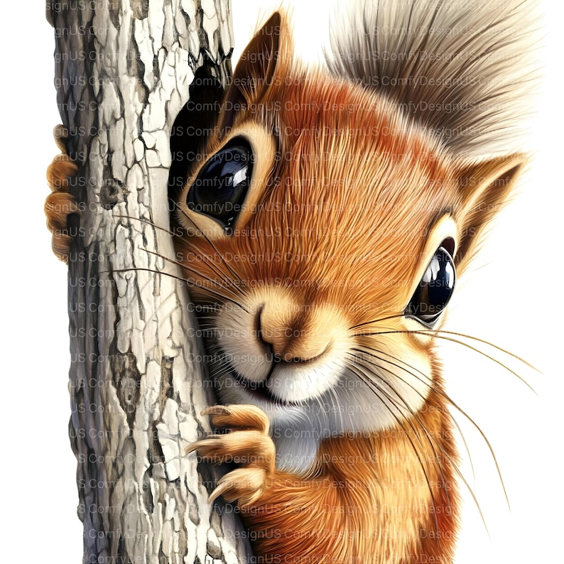 May include: A close-up of a red squirrel peeking around a tree trunk. The squirrel has large, dark eyes and a bushy tail.
