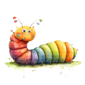 Clipart de oruga de acuarela, 12 archivos JPG de alta calidad, decoración de guardería, arte de dibujos animados, linda oruga de insecto, lindo gusano, insecto de primavera, ratón de biblioteca