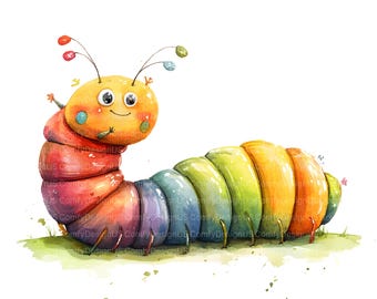 Watercolor Caterpillar Clipart, 12 High Quality JPGs, Nursery Decor, Cartoon Art, Insect Cute Caterpillar, Cute Worm, Spring Insect Bookworm