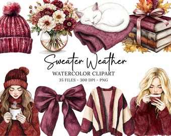 Burgundy Sweater Weather Clipart, Autumn Clipart, Burgundy Fall, Neutral Pumpkin, Autumn Bouquets, Cozy Fall Sweater, Burgundy Autumn