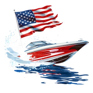Pu&ograve; includere: Un motoscafo bianco e rosso con scia blu, dietro al quale sventola una bandiera americana rossa, bianca e blu. La barca corre a tutta velocit&agrave; sull'acqua.