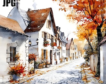 20 Autumn Street Clipart, Fall Landscape Clipart, High Quality JPG, Watercolor Clipart, Junk Journal, Digital Download, Paper Craft Clip Art