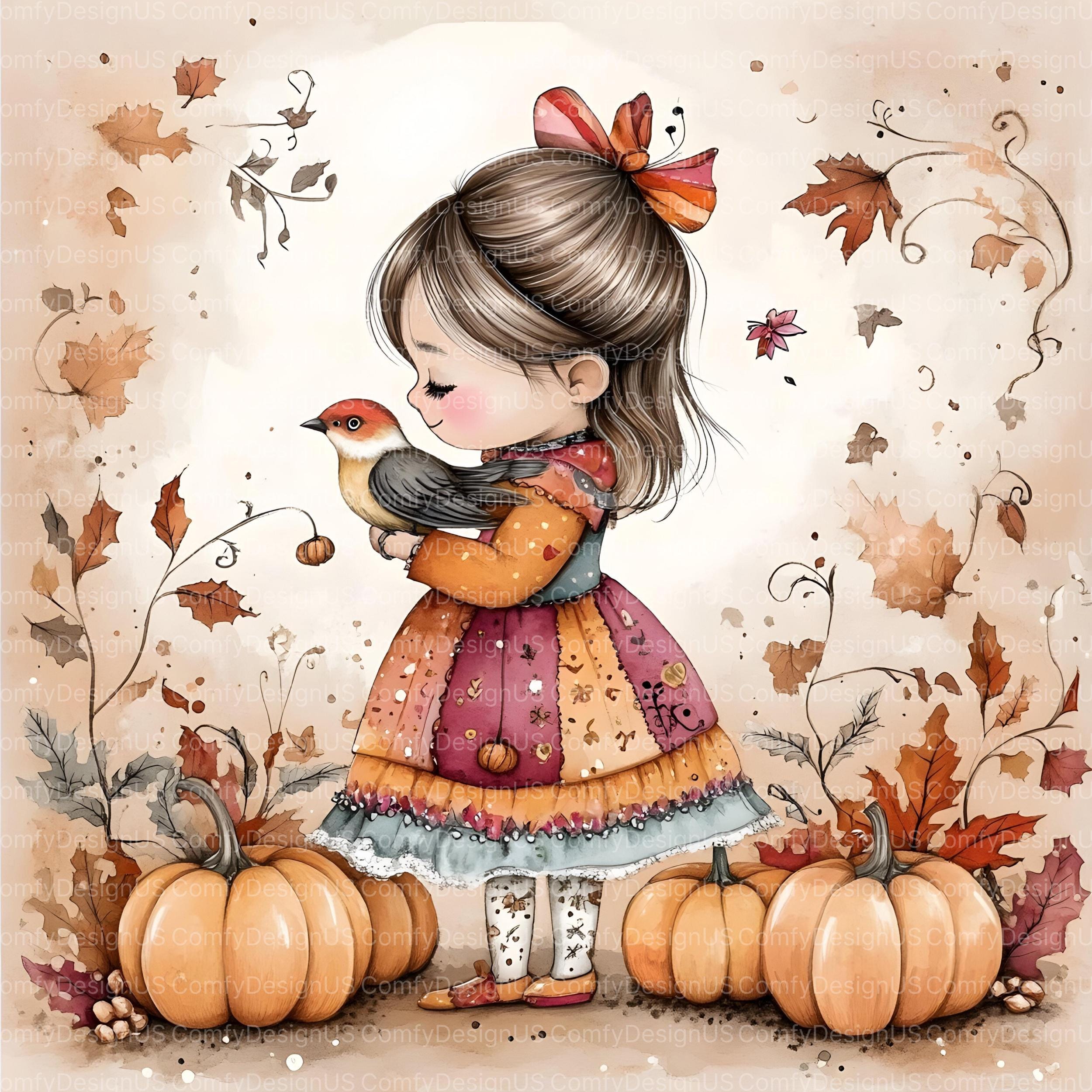 18 Girl With Crow Clipart, Whimsical Fall Girl, Autumn Clipart