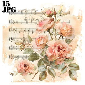 15 bloemen muzieknoten clipart, vintage bladmuziek, muzieknoot, afdrukbare aquarel clipart hoge kwaliteit jpg's digitale download junk Journal