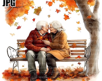 15 Autumn Senior Couple Clipart, Grandma and Grandpa, High Quality JPGs, Watercolor Clipart, Junk Journal, Digital Download, Paper Craft