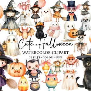 Aquarell niedliches Halloween Clipart-Bundle, Pastell gruselige Clip Art, Kürbis Clipart, Kinder Halloween PNG, niedlicher kleiner Geist, Hexe