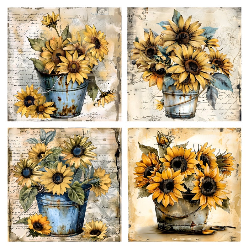 K&ouml;nnte beinhalten: Vier Vintage-Bilder von Sonnenblumen in rostigen blauen Eimern. Jedes Bild zeigt einen Strau&szlig; Sonnenblumen vor einem rustikalen Hintergrund.